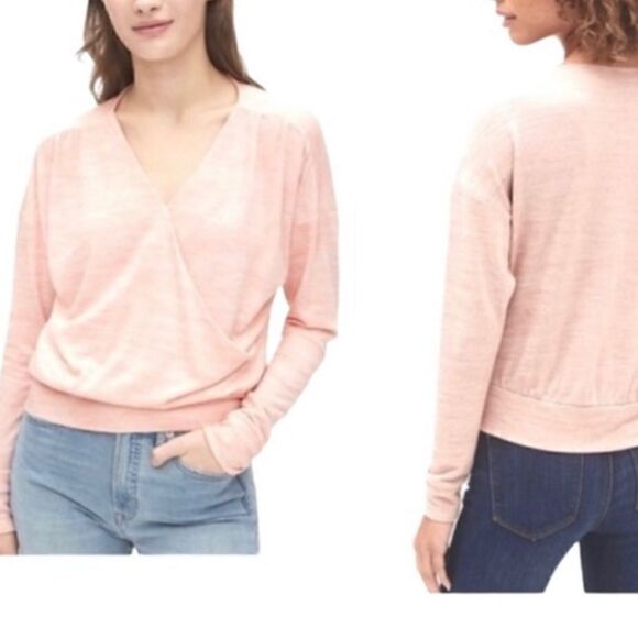 Gap Long Sleeve Softspun Wrap Front Top Heathered Pink NEW - Picture 8 of 8